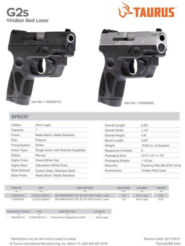 Taurus G2S Viridian Laser 9mm, 3.25" Barrel, Black Grip and Frame, Stainless Steel Slide, 7rd