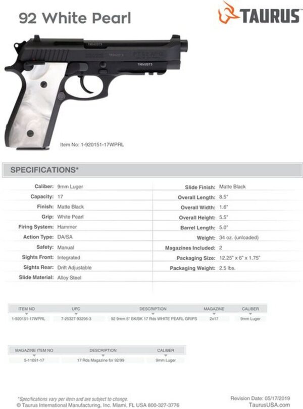 Taurus PT92 Full Size, 9mm, 5" Barrel, Steel Frame, Black, Pearl Grips, 17Rd, 2 Magazines