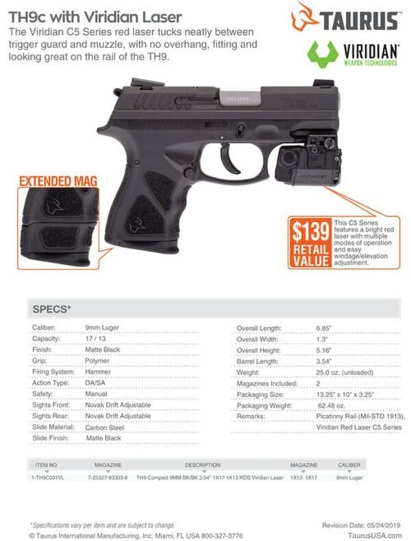 Taurus TH9C 9mm, 3.54" Barrel, Viridian Laser, Black