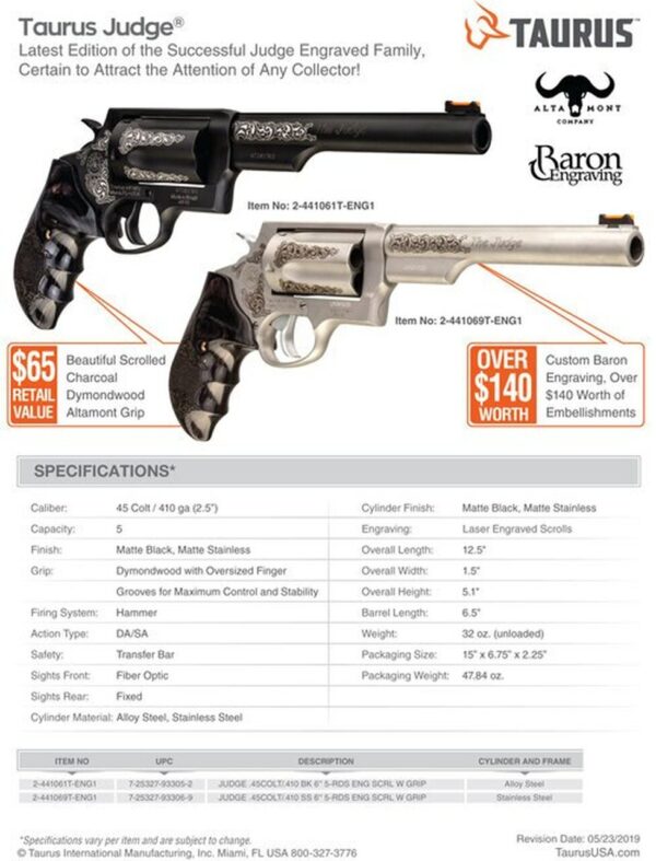 Taurus Judge Engraved 410 Ga/45 Colt, 6.5" Barrel, Dymondwood Grip, Stainless, 5rd