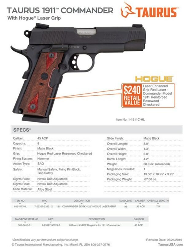 Taurus 1911 Commander 45 ACP, 4.25" Barrel, Laser, Black, 8rd