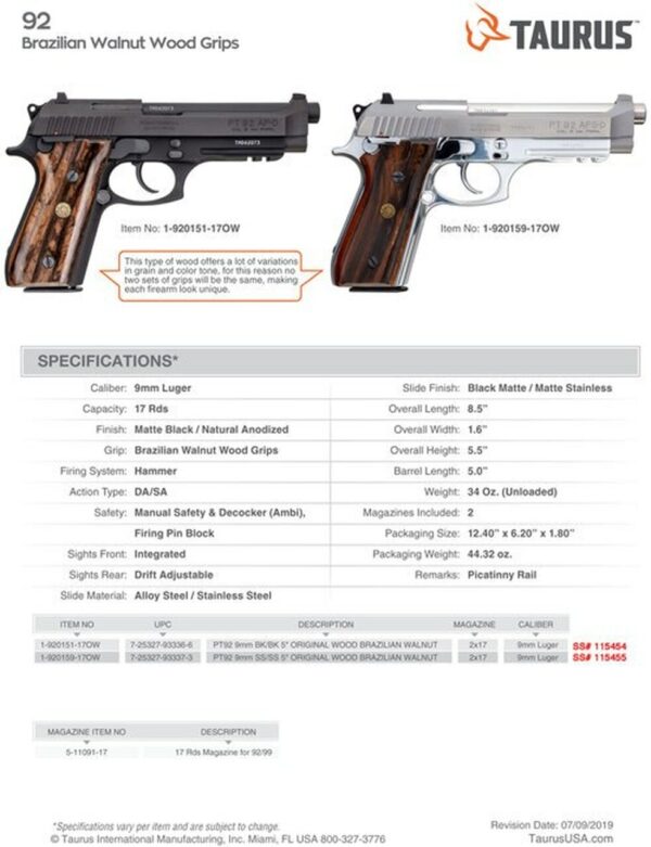 Taurus 92 9mm, 5" Barrel, Black Matte, Brazilian Walnut, 17rd