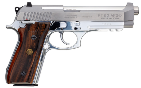 Taurus PT92 9mm, 5" Barrel, Stainless, Brazilian Walnut Grips, Adj Rear Sight, 2x17rd - Taurus | The Gun Shop
