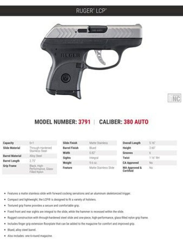 Ruger LCP 380 ACP Double, 2.75" Barrel, Black Grip, Stainless Slide