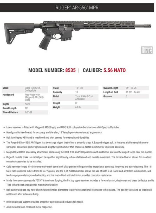 Ruger AR556 5.56mm, 18" Barrel, Free-float MP MOE Grip, 10rd