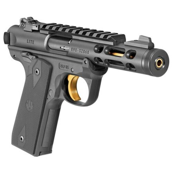 Ruger Mark IV Lite 22/45 22LR, 4.4" Gold Finished Threaded Barrel, Polymer Frame, Black, Checkered Grips, 10Rd Mag