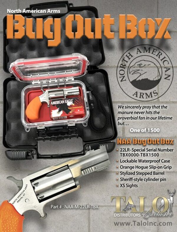 North American Arms NAA BUG OUT BOX 22LR 1-1/8" SS Barrel Orange Grip, Waterproof Box