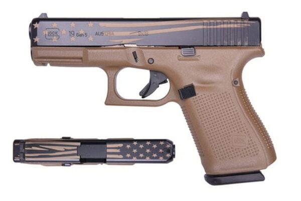 Glock 19 Gen5 9mm, 4" Barrel, Flat Dark Earth/Distressed Flag, 15rd