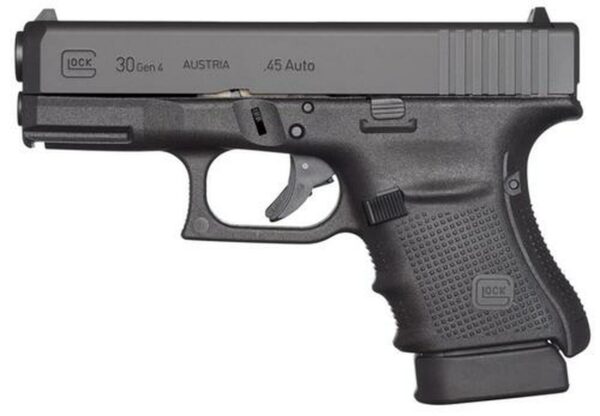 Glock, 30 Gen 4, Safe Action, Compact Pistol, 45 ACP, 3.77" Barrel, Polymer Frame, Matte Finish, Fixed Sights, 10Rd, 3 Magazines, Glock OEM Rail
