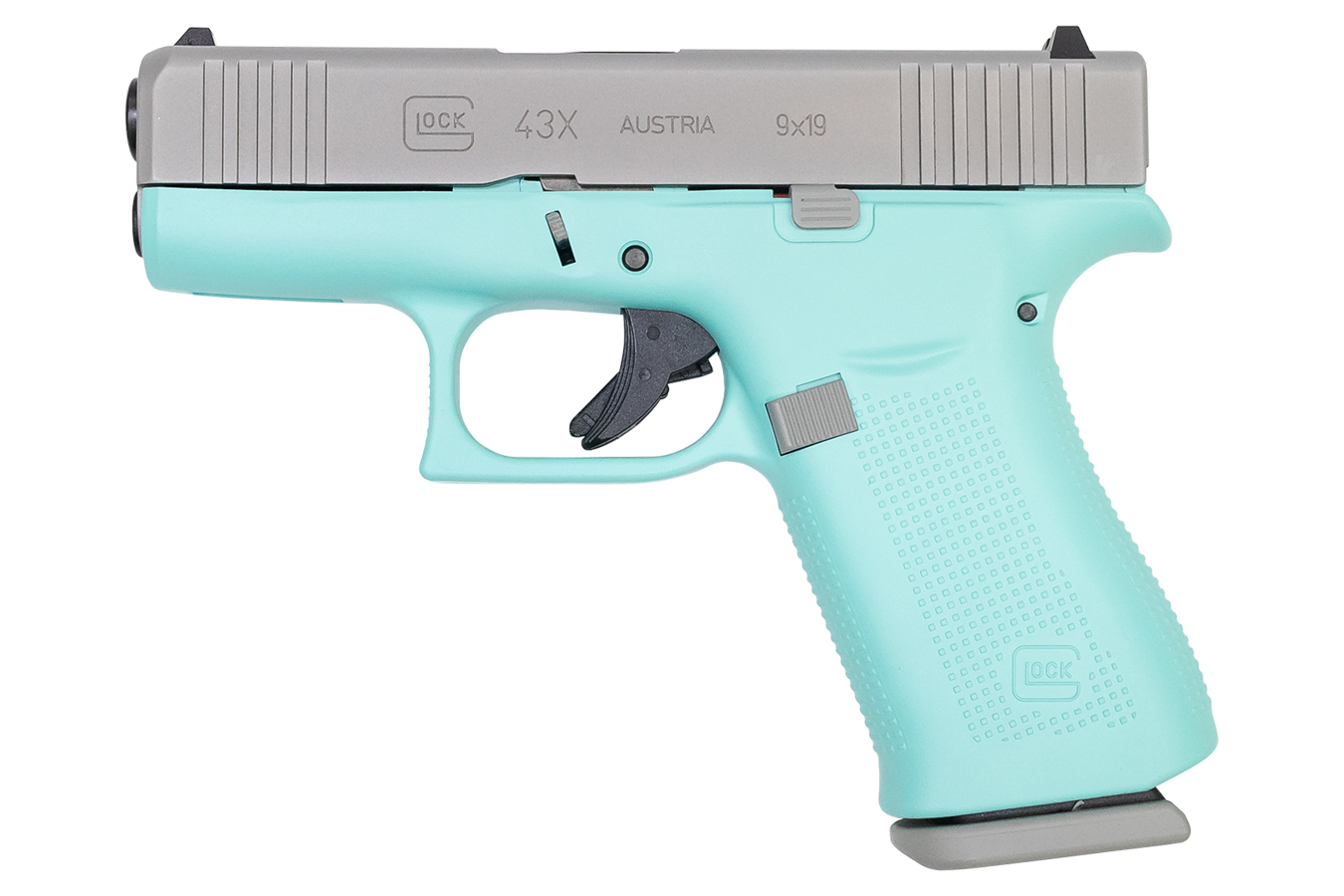 43X 9mm 10-Round Pistol with Robin Egg Blue Frame and Silver PVD Slide - Firearms | The Gun Shop
