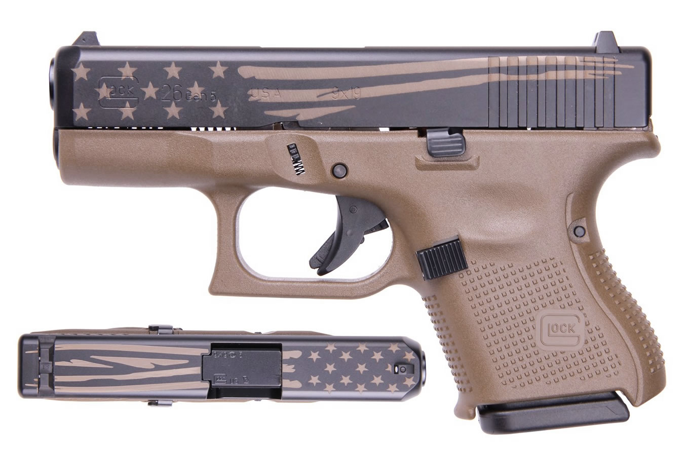 26 Gen5 9mm Carry Conceal Pistol with FDE Frame and Laser Engraved Distressed Fl - Firearms | The Gun Shop