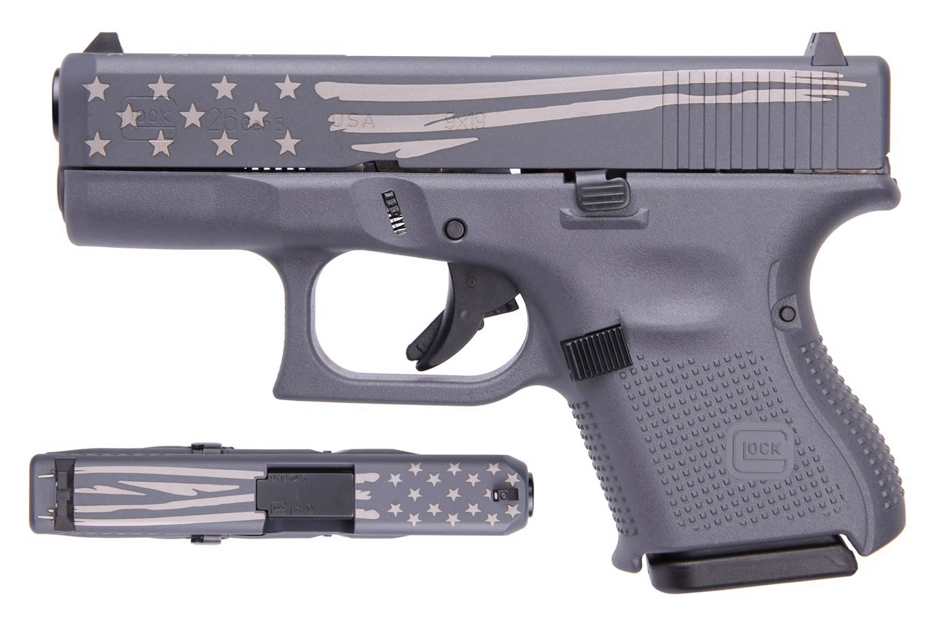 26 Gen5 9mm Carry Conceal Pistol with Gray Finish and Laser Engraved Distressed Flag - Firearms | The Gun Shop