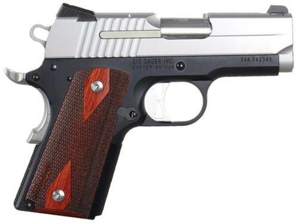 Sig 1911 45 ACP 3.3In 2-Tone Black & Stainless Finish SAO Siglite Rosewood Grip (2) 7RD Steel MAG