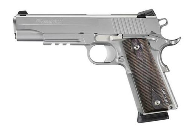 Sig 1911 45 ACP, 5" Barrel, Stainless Stainless Finish SAO Siglite Blackwood Grip (2) 8RD Steel MAG Rail MA Compliant