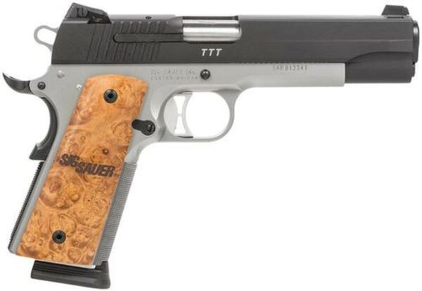 Sig 1911 45 ACP, 5" Barrel, TTT Reverse 2-Tone SAO Siglite Burled Maple Grip (2) 8RD Steel MAG MA Compliant