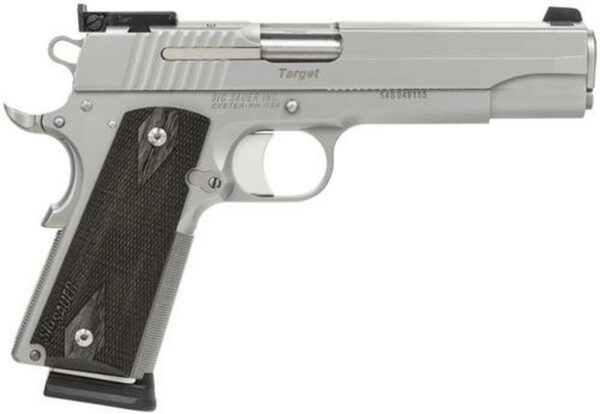 Sig 1911 45 ACP, 5" Barrel, Target Stainless Finish SAO Adjustable Sights Blackwood Grip (2) 8RD Steel MAG CA Compliant
