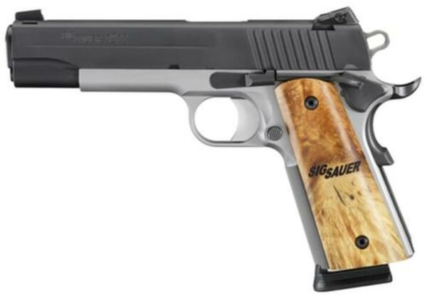 Sig 1911 45 ACP, 5" Barrel, TTT Reverse 2-Tone SAO Siglite Burled Maple Grip (2) 8RD Steel MAG CA Compliant