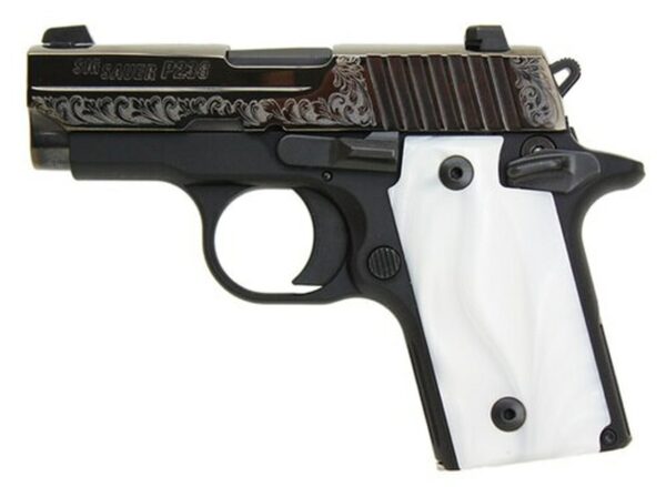 Sig P238 380 ACP 2.7In White Pearl Nitron Engraved Slide SAO Siglite White Pearl Grip (1) 6RD Steel MAG