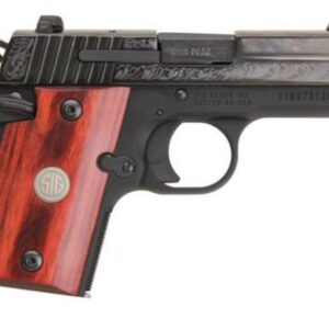 Sig P938 9MM 3IN Engraved Nitron Engraved Slide SAO Siglite Rosewood Medallion Grip (1) 6RD Steel MAG Ambi Safety