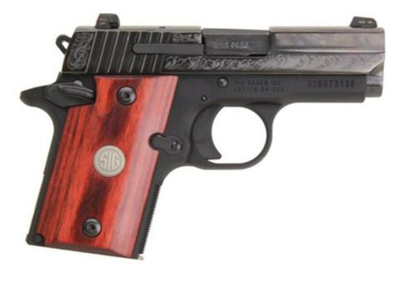 Sig P938 9MM 3IN Engraved Nitron Engraved Slide SAO Siglite Rosewood Medallion Grip (1) 6RD Steel MAG Ambi Safety