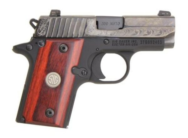 Sig P238 380 ACP 2.7In Engraved Nitron Engraved Slide SAO Siglite Rosewood Grip (1) 6RD Steel MAG