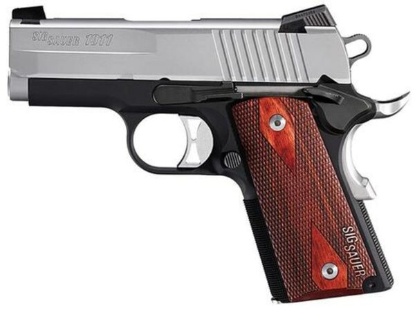 Sig 1911 9MM 3.3In Ultra Compact Black & Stainless Finish SAO Siglite Rosewood Grip (2) 8RD Steel MAG
