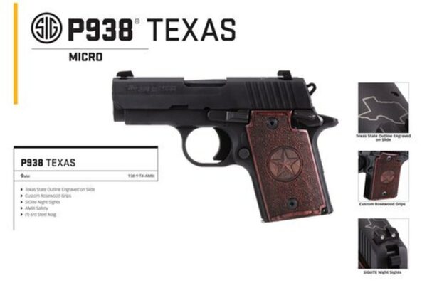 Sig P938 Micro Texas 9mm, 3", Rosewood Grip, Alum Frame, Nitron Slide, Night Sights, 6rd