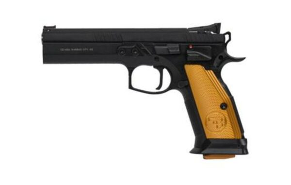 CZ 75 Tactical Sport Orange 9mm, 5.23" Barrel, Steel Frame, Black, Thin Alum Grips, Ambi Safety, Adj Target Sights, 2x20rd Mags