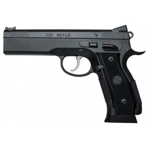 CZ AO-1 LD Custom, 9mm, 4.9" Stainless Barrel, Aluminum, Manual Safety, Full Size, Fiber Optic Front And Low Mount Rear Sights, 19Rd, Black