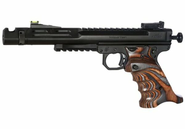 Volquartsen Scorpion .22 LR, 6" Barrel, Target 22 Frame, Hi-Viz Front & Target Rear, Brown/Gray Grips, Black Stainless