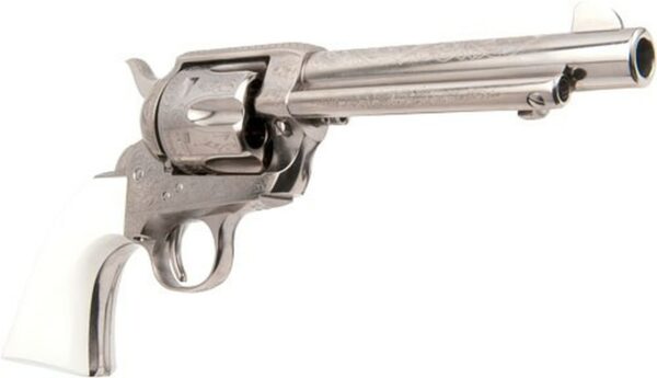 Cimarron S.A.A. Frontier Engraved .45 Long Colt5.5.5" Barrel Nickel Finish, Ivory Type Grips 6 Round
