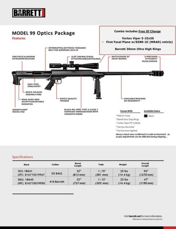 Barrett M99 with Vortex Scope 416 Barrett, 32" Barrel, Fixed Black Stock, Black Hardcoat Anodized, 1rd