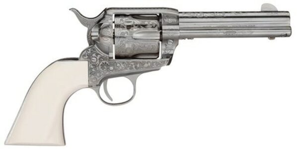Taylors 1873 Outlaw Legacy Nickel Engraved 45 LC, 4.75" Barrel, Ivory Type Grips