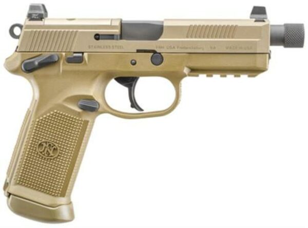 FN America, FNX-45 Tactical, DA/SA, Semi-automatic, Full Size Pistol, 45 ACP, 5.3" Threaded Barrel, Polymer Frame, Flat Dark Earth, Suppressor Height Night Sights, 10Rd, 2 Magazines, Fired Case, Manual Safety, Optics Ready
