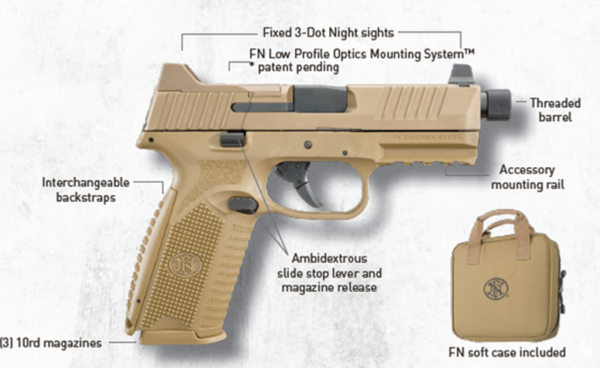 FN 509 Tactical 9mm, 4.5" Barrel, Flat Dark Earth, 3 Dot Night Sights, 3x10rd Mags