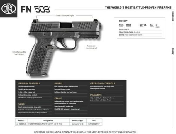FN 509 NMS NS 4" Barrel, Black Interchangeable Backstrap Grip Black Steel Slide, 17rd