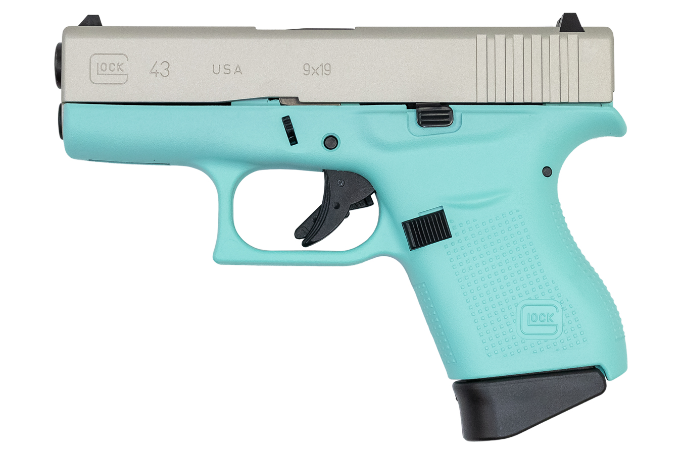 43 9mm Single Stack Pistol with Robins Egg Blue Cerakote Frame and Aluminum Cerakote Slide - Firearms | The Gun Shop