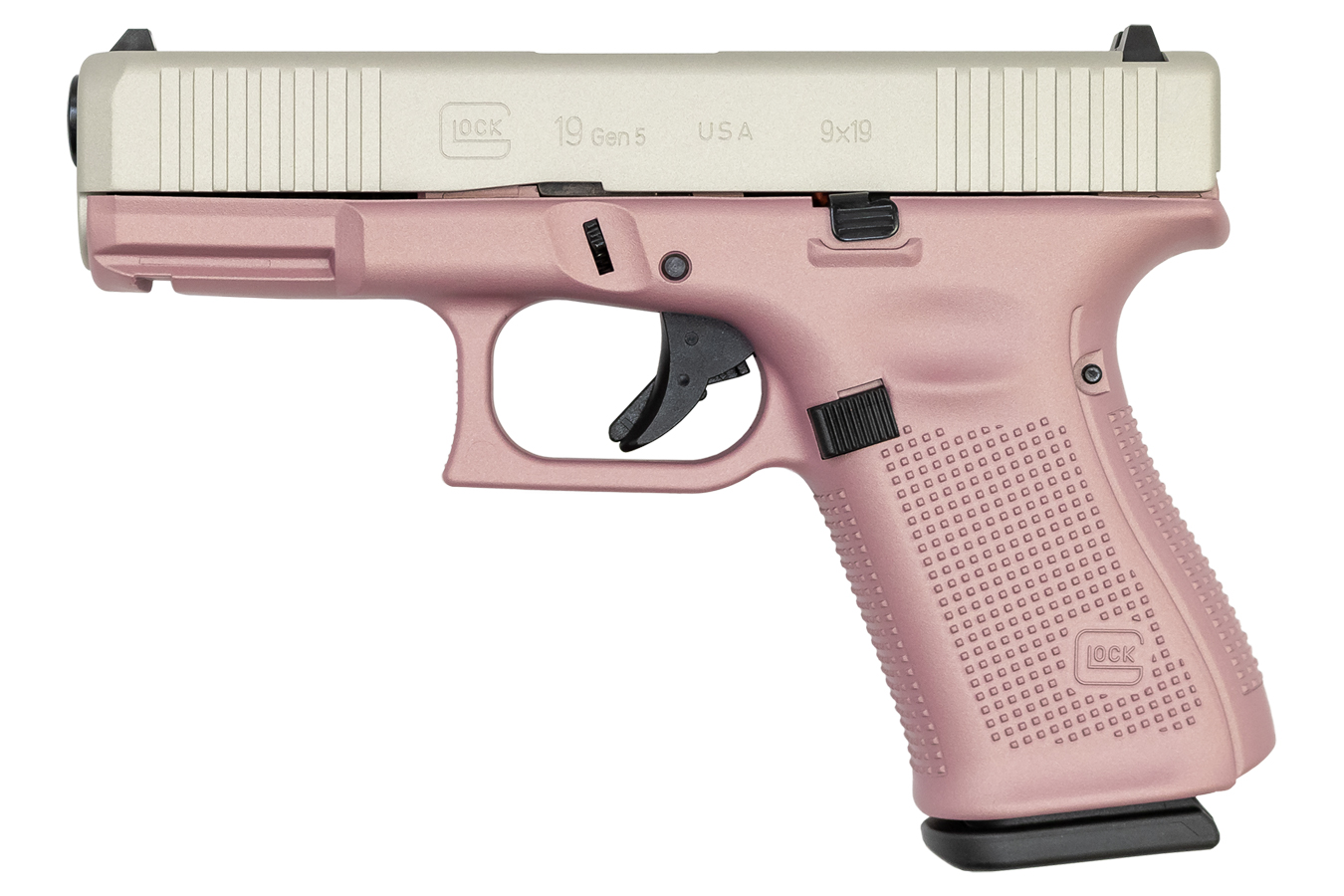 19 Gen5 9mm Pistol with Cerakote Pink Champagne Frame and Shimmering Aluminum Ce - Firearms | The Gun Shop