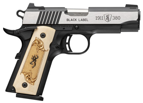 Browning Black Label, 1911 380 ACP, 3.6" Barrel, Black Frame, Maple Medallion Checkered Grip, 8rd - 1911 Guns | The Gun Shop