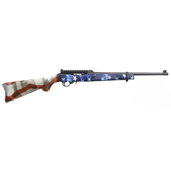 Ruger 10/22, Carbine, Semi-automatic, 22 LR, 18.5" Threaded Barrel, Black Color, Satin Finish, Adjustable Ghost Ring Rear Sight, Protected Blade Front Sight, American Flag Synthetic Stock, 10Rd
