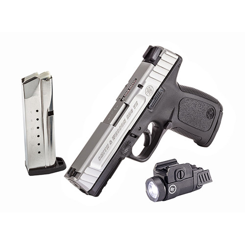 S&W SDVE Bundle 9mm, 4" Barrel, Stainless Steel Slide, Includes Tactical Light, 16rd - Concealed Carry Guns | The Gun Shop