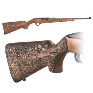 Ruger 10/22 Deluxe Engraved Gator Stock, Adjustable Rear Sight, Gold Bead Front Sight, Satin Black Receiver & 18.5" Barrel, 10 Round 22LR Rotary Magazine