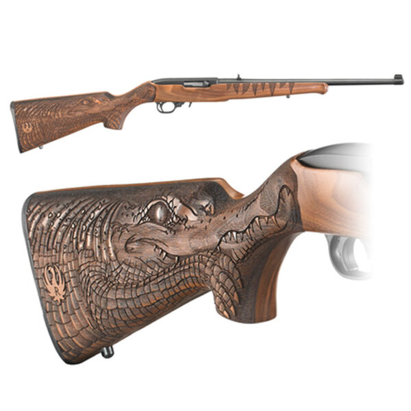 Ruger 10/22 Deluxe Engraved Gator Stock, Adjustable Rear Sight, Gold Bead Front Sight, Satin Black Receiver & 18.5" Barrel, 10 Round 22LR Rotary Magazine