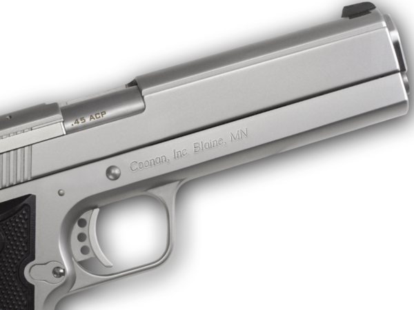 Coonan MOT 45 ACP, 5", Satin Stainless, Adj. Fiber Optic Sights, Black Alum Grips, 2 Mags (Special Order)