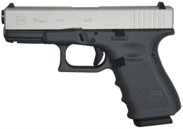 Glock G19 Gen4, 9mm, 4", Battleship Gray/Stainless Gray Slide FS, 15rd, USA Made