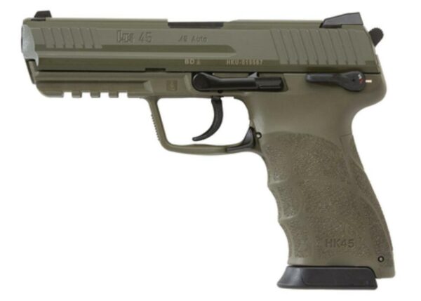 Heckler and Koch HK45 OD Green Finish Frame and Slide (V1) DA/SA safety/decocking lever on left with two 10rd mags