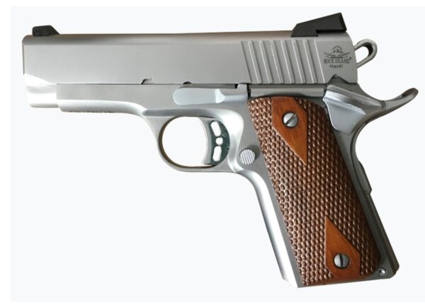 Rock Island ECS 1911, Compact, 45ACP, 3.63" Barrel, Steel Frame, Stainless Finish, Wood Grips, Fixed Sights, 7Rd, 1 Magazine