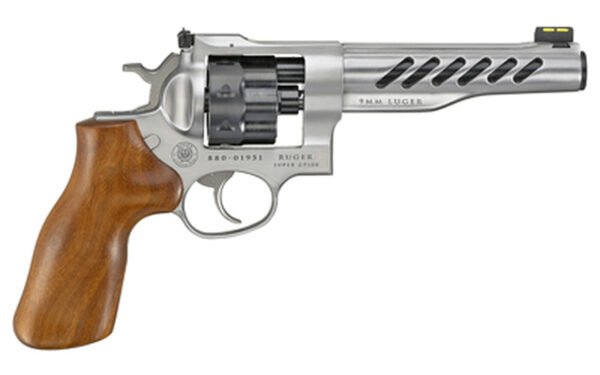 Ruger Super GP100 Full Size 9mm, 6" Barrel, Stainless Steel, Hogue Wood Grips, 3 Moon Clips, Fiber Optic Front Sight, Adj Rear Sight, 8rd