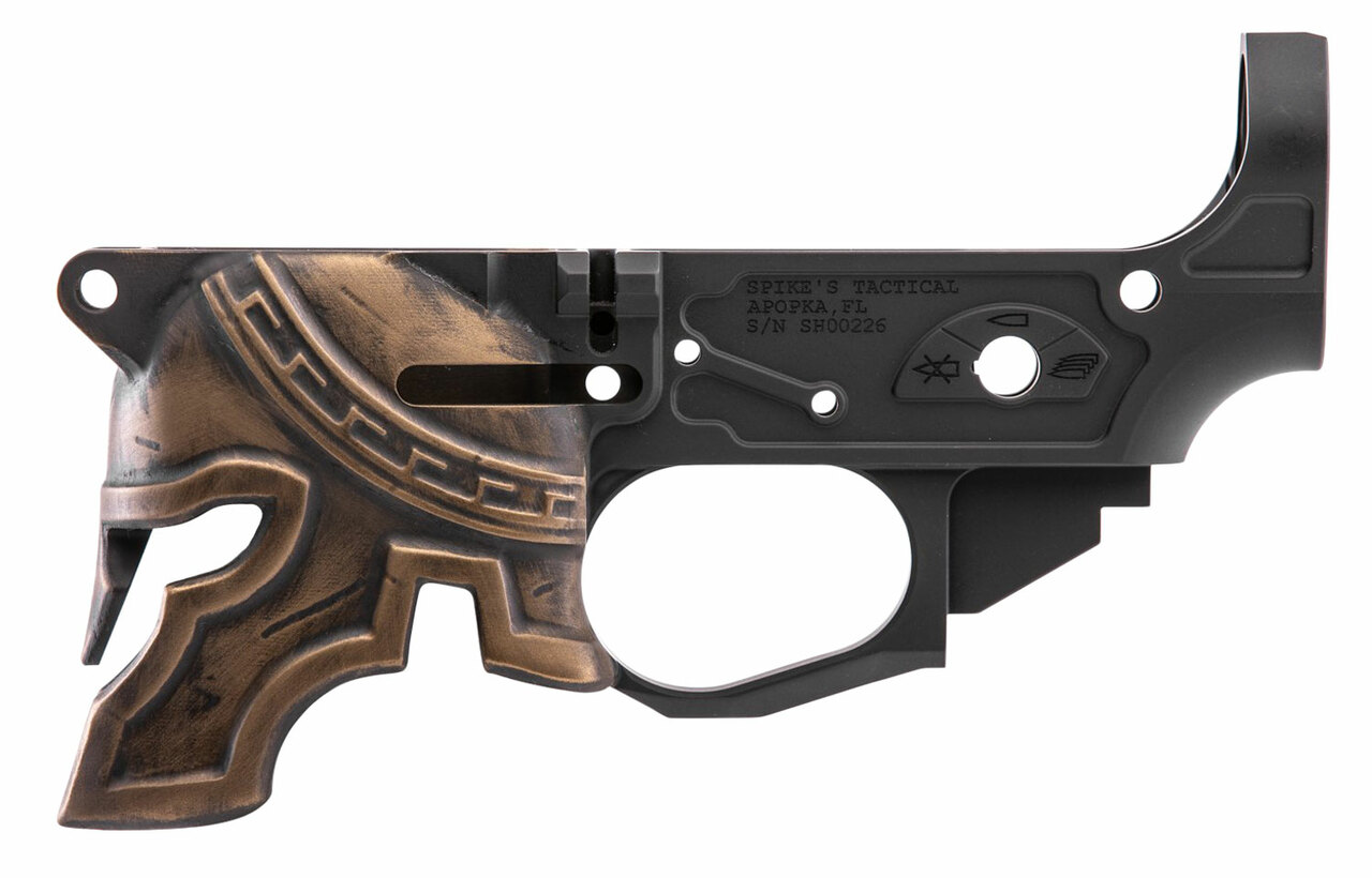 Spikes Rare Breed Spartan Stripped Lower, Multi-Cal, Black, Painted Bronze Helmet