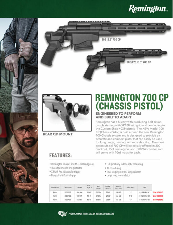 Remington 700-CP, Bolt, 308 Winchester, 12.5" Barrel, Alloy, Black, 10Rd, Threaded, M-Lok, Thumb Safety, Pistol Brace Included